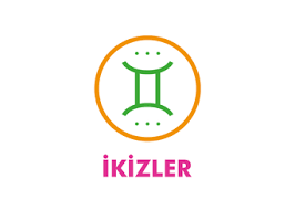 Turuncu çerçeveli yeşil İkizler burcu sembolü ve İkizler yazısı