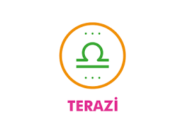 Turuncu çerçeveli yeşil Terazi burcu sembolü ve TERAZİ yazısı
