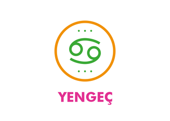 Turuncu daire içinde yengeç burcu simgesi ve Yengeç yazısı
