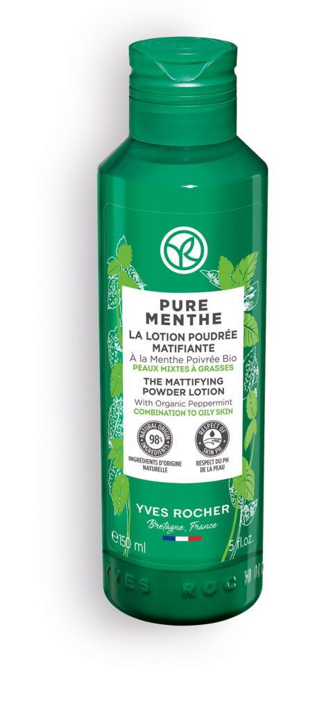 Yves Rocher Pure Menthe matlaştırıcı pudra losyonu yeşil şişede cilt bakımı