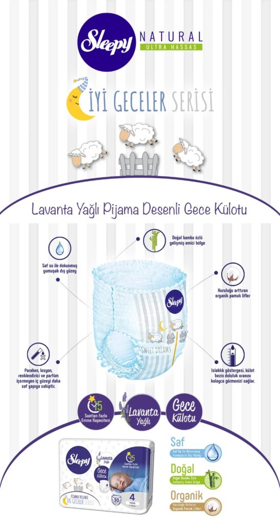 Sleepy Natural İyi Geceler Serisi lavanta yağlı pijama desenli külot bezi tanıtımı