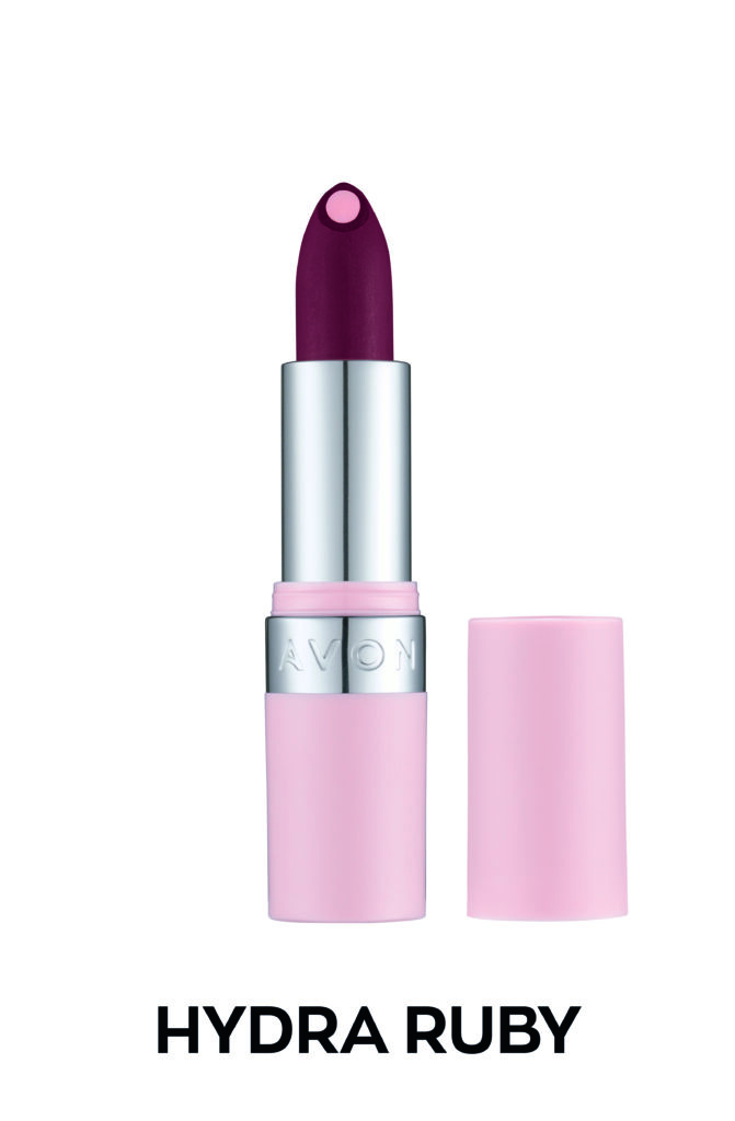Avon Hydra Ruby koyu kırmızı ruj, pembe çekirdekli ve kapağı açık