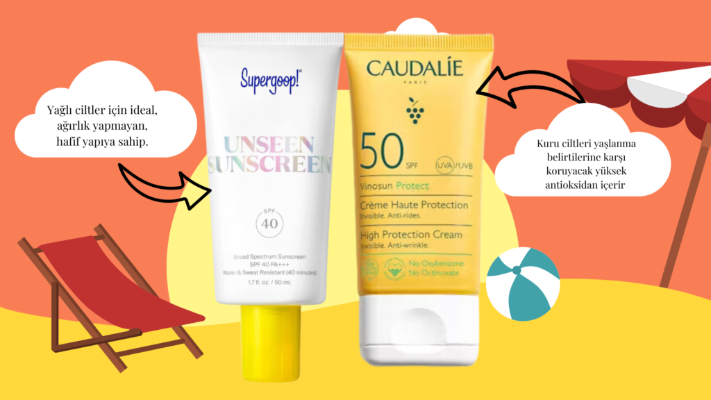 Yağlı ve kuru ciltler için Supergoop ve Caudalie güneş kremleri