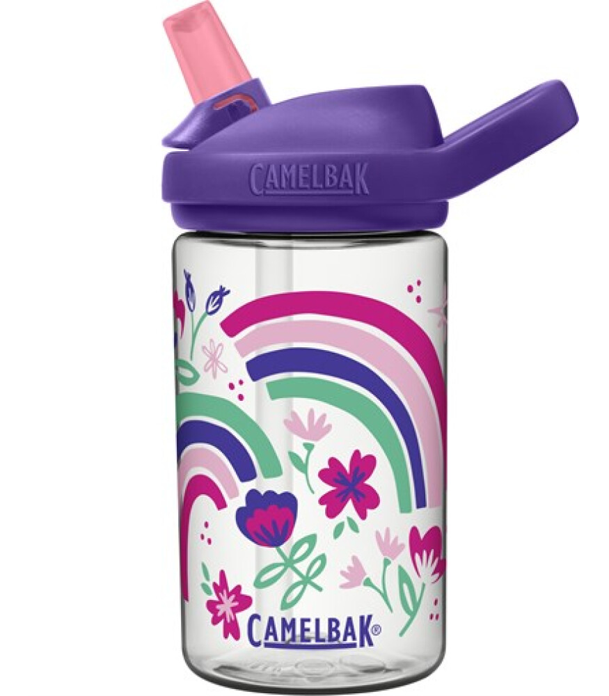 Mor kapaklı, pembe pipetli, gökkuşağı ve çiçek desenli Camelbak suluk