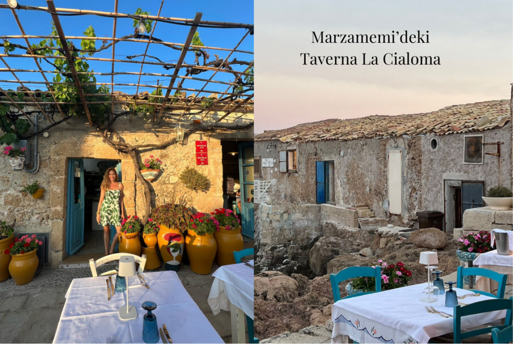Marzamemi'deki Taverna La Cialoma otantik dış cephesi ve deniz kenarı masaları
