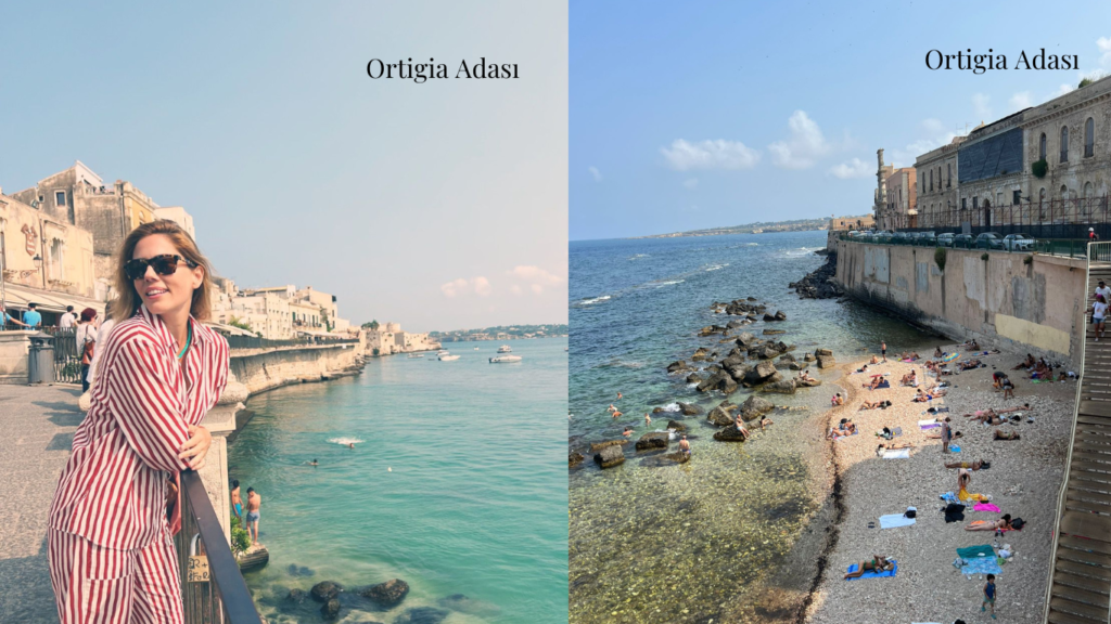 Ortigia Adası manzarası: Köprüdeki kadın, berrak deniz ve kalabalık plaj