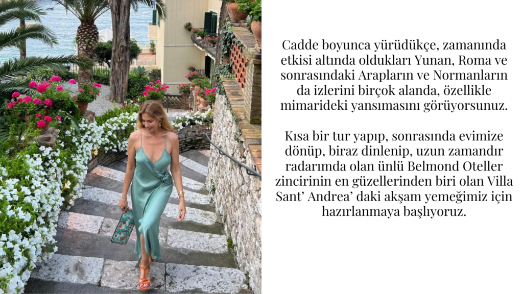 Yeşil elbiseli kadın çiçekli taş merdivenlerde yürüyor sağda metin