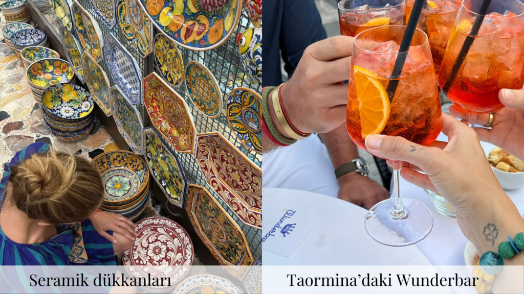 Taormina'da seramik dükkanları ve Wunderbar'da aperitif içen kişiler