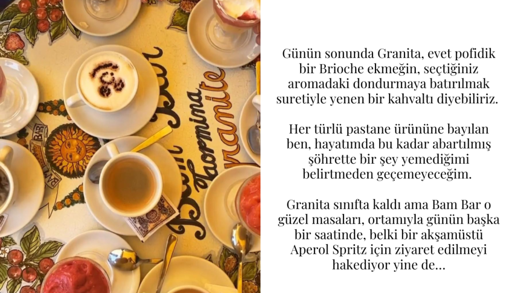 Taormina'da granita, kahveler ve Bam Bar yazılı bir kahvaltı masası