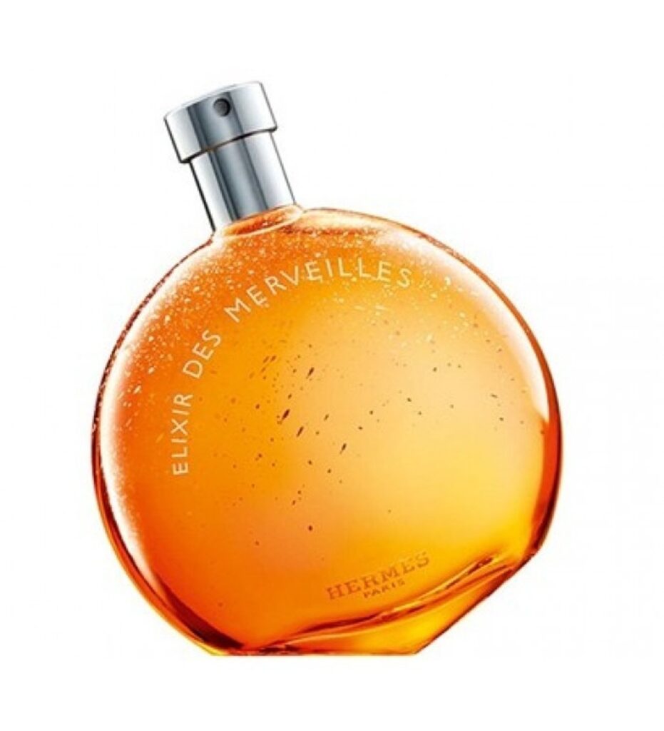 Elixir des Merveilles Hermes turuncu parfüm şişesi beyaz arka planda