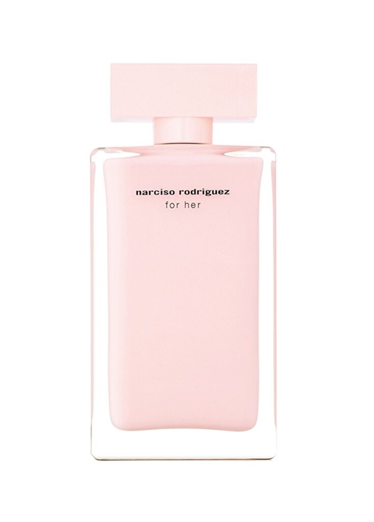 Dikdörtgen pembe Narciso Rodriguez For Her parfüm şişesi beyaz arka planda