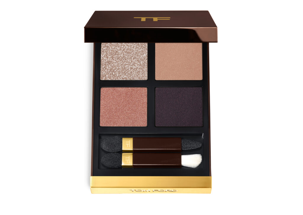 Tom Ford dörtlü far paleti açık, makyaj aplikatörleri ve fırçasıyla