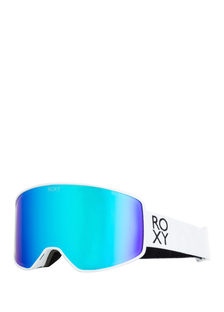 Geniş beyaz çerçeveli parlak mavi aynalı Roxy snowboard kayak gözlüğü