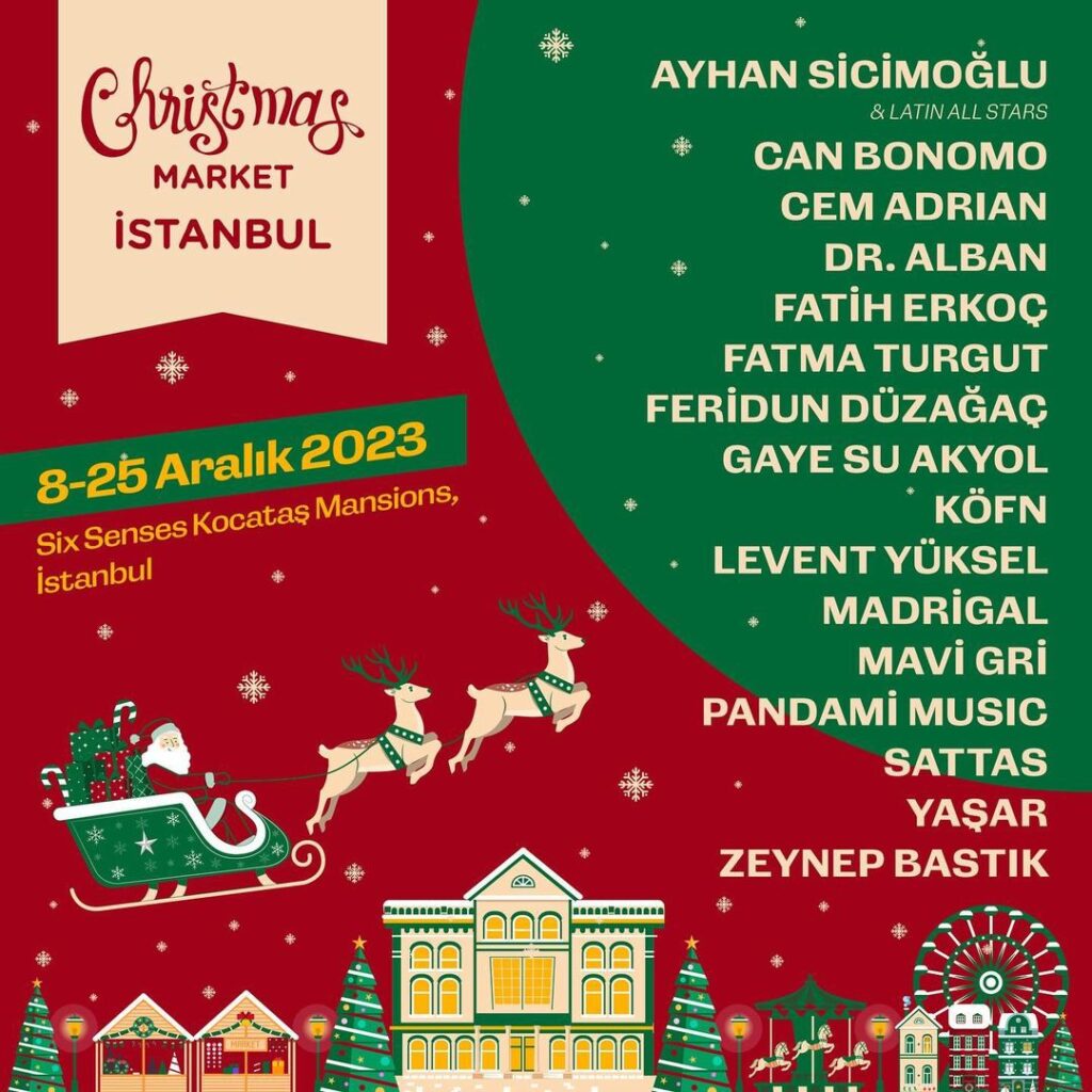 İstanbul Noel Pazarı 2023 tarihleri ve sanatçı listesini içeren afiş