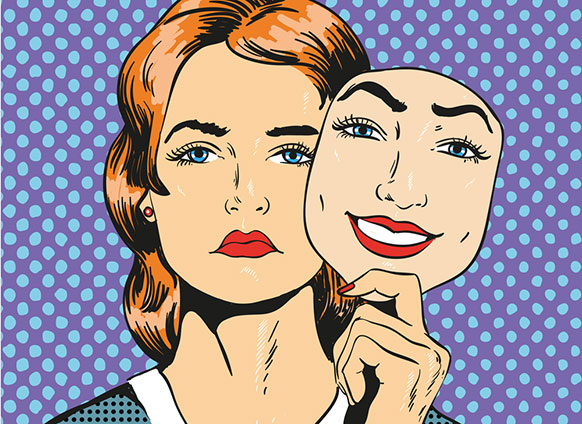 Pop art kadın üzgün yüzünü gülümseyen maskeyle gizliyor