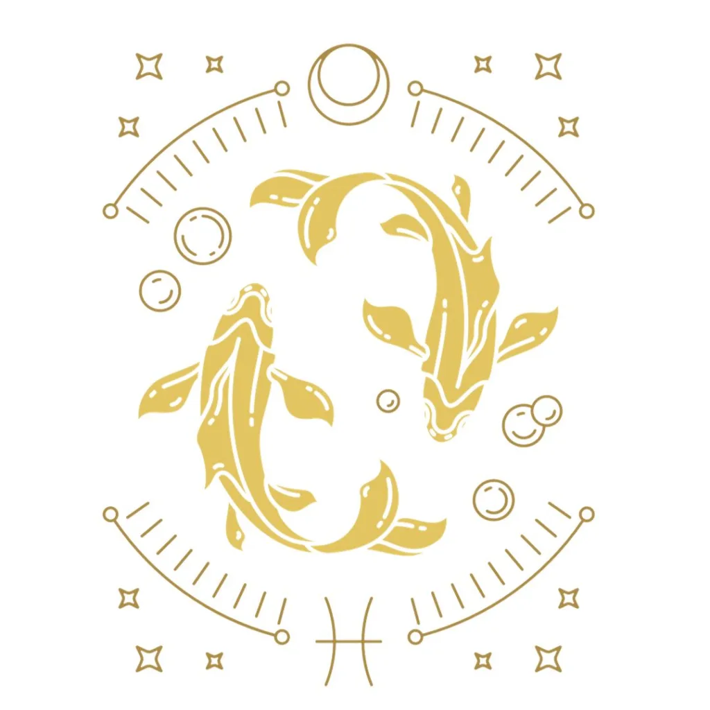 Altın renkli iki balık ve astrolojik sembollerle balık burcu çizimi