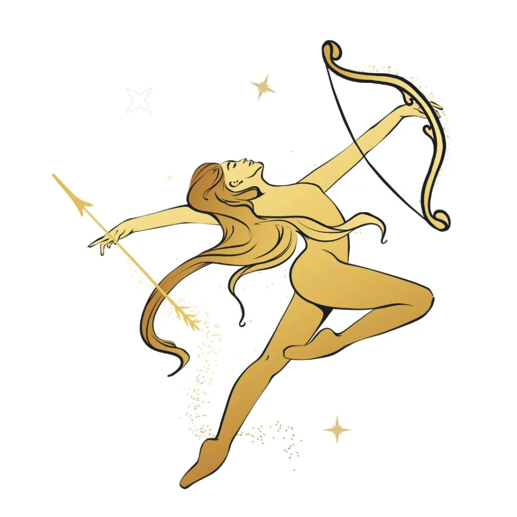 Sagittarius zodyak işareti olarak altın renkli yaycı kadın figürü