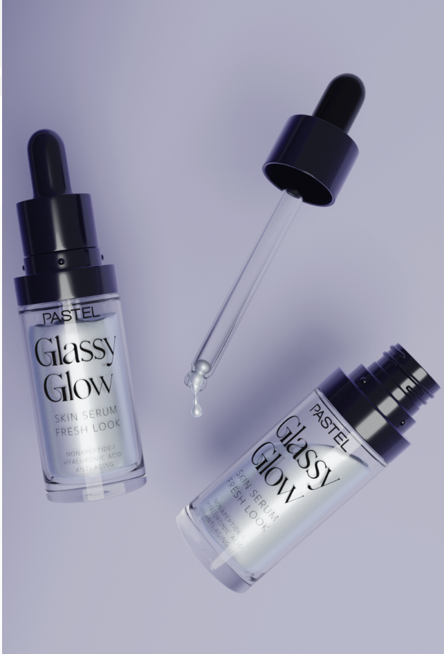 Pastel Glassy Glow cilt serumu şişeleri ve damlalık ile düşen bir damla