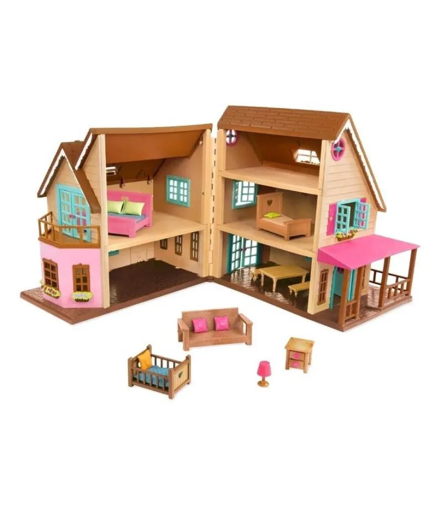 Katlanabilir oyuncak bebek evi seti ve mobilyaları beyaz arka plan