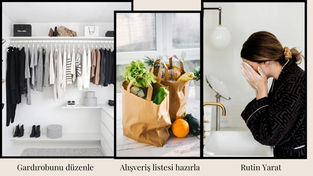 Gardırop düzenleme, alışveriş hazırlığı ve kişisel bakım rutinleri görseli