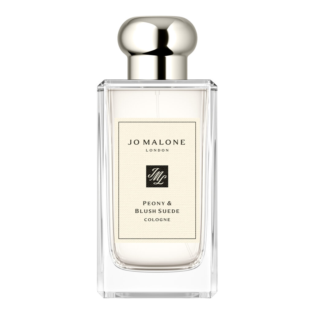 Jo Malone Peony Blush Suede kolonya şişesi beyaz arka planda