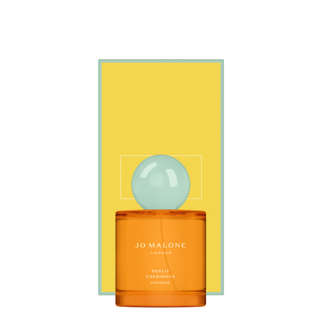 Jo Malone Sunlit Cherimoya parfüm turuncu şişe mavi küre kapak sarı zemin