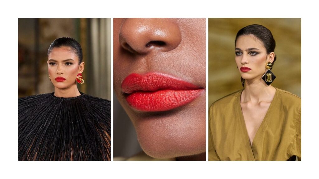 Kırmızı ruj kullanan modellerin yakın çekim moda portreleri