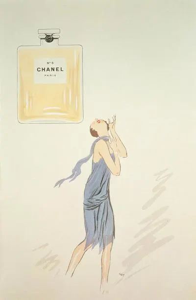 Chanel No. 5 parfüm şişesine yukarı bakan bir kadın illüstrasyonu