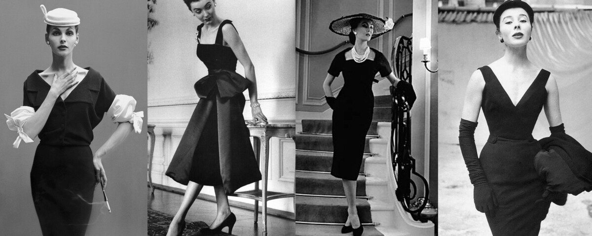 Klasik siyah elbiseler giyen dört zarif vintage kadın moda