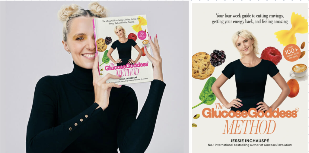 Jessie Inchauspé, "The Glucose Goddess Method" kitabını tutuyor, yanındaki kapak tasarımı