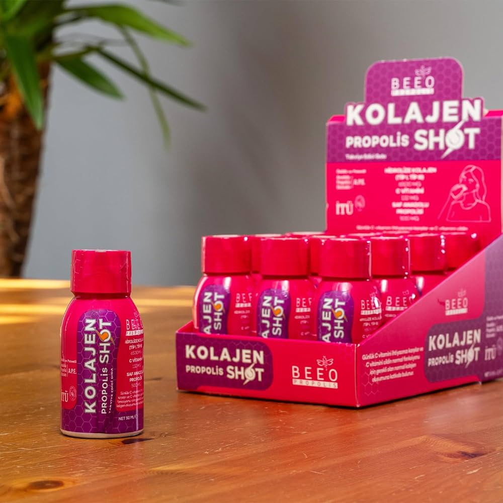 Beeo Kolajen Propolis Shot sağlık takviyesi içecekleri ve kutusu