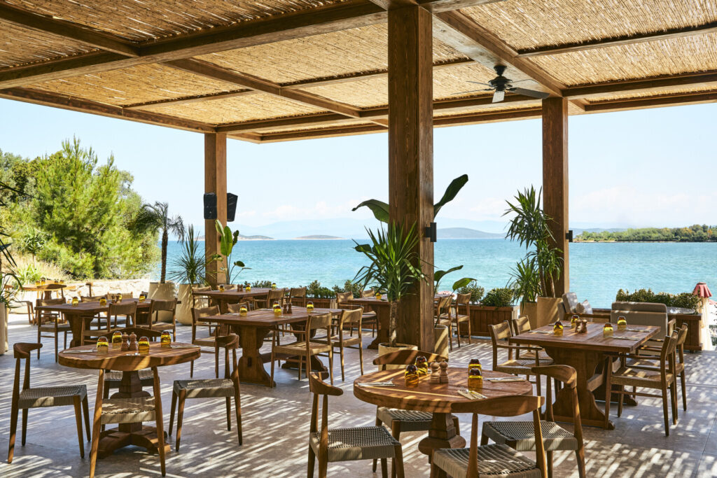 Deniz manzaralı, ahşap mobilyalı, hasır çatılı açık hava restoranı