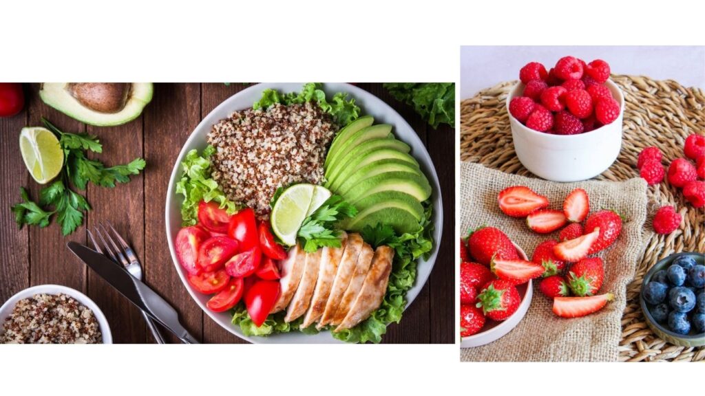 Sağlıklı tavuklu kinoa salatası avokado ve çeşitli orman meyveleri