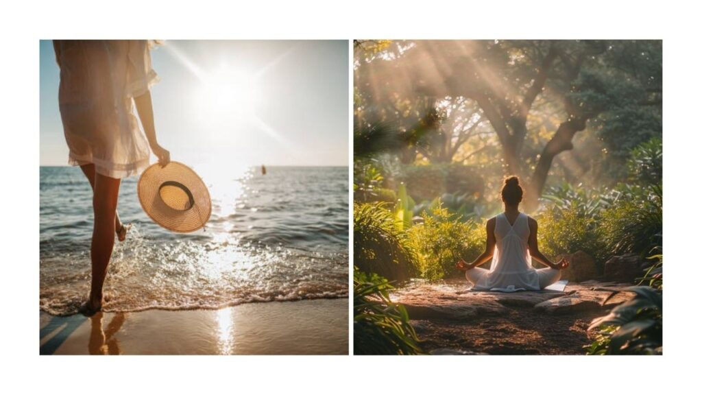 Güneşli denizde yürüyen ve ormanda meditasyon yapan huzurlu bir kişi