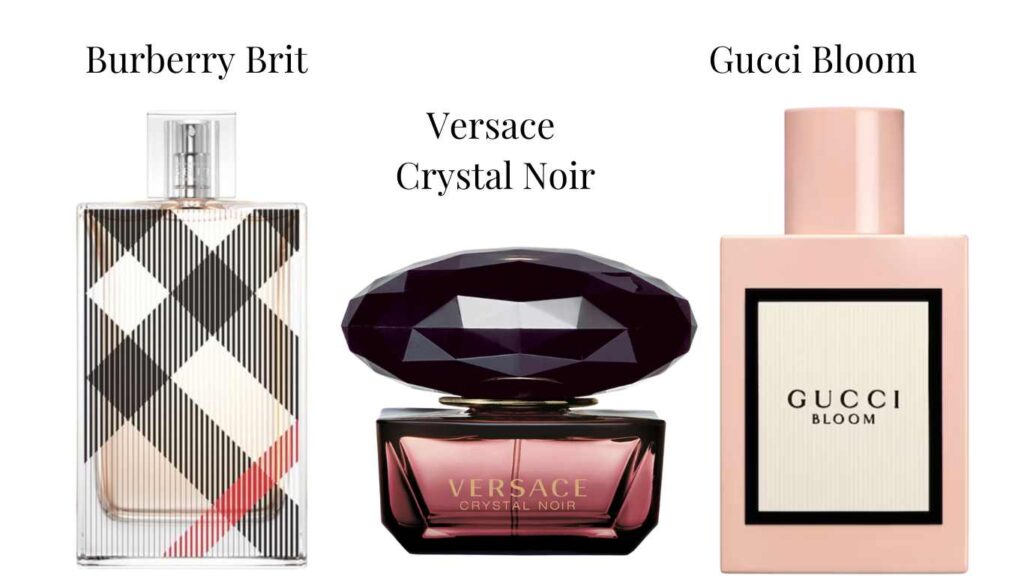 Üç farklı marka parfüm şişesi Burberry Brit Versace Crystal Noir Gucci Bloom