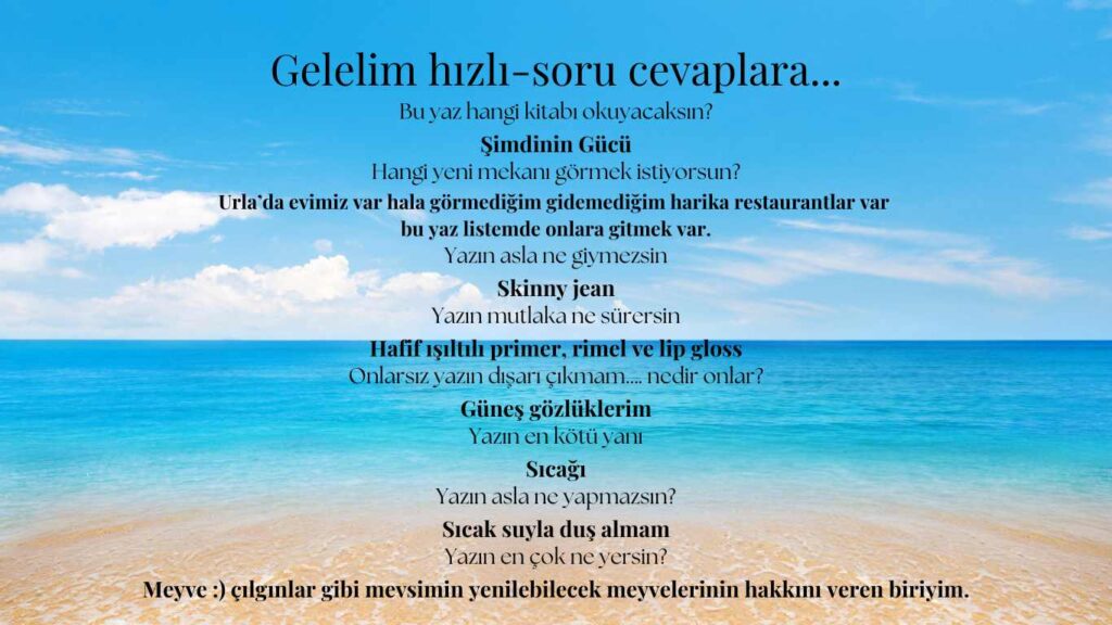 Açık deniz ve gökyüzü fonunda yaz temalı soru-cevap metni