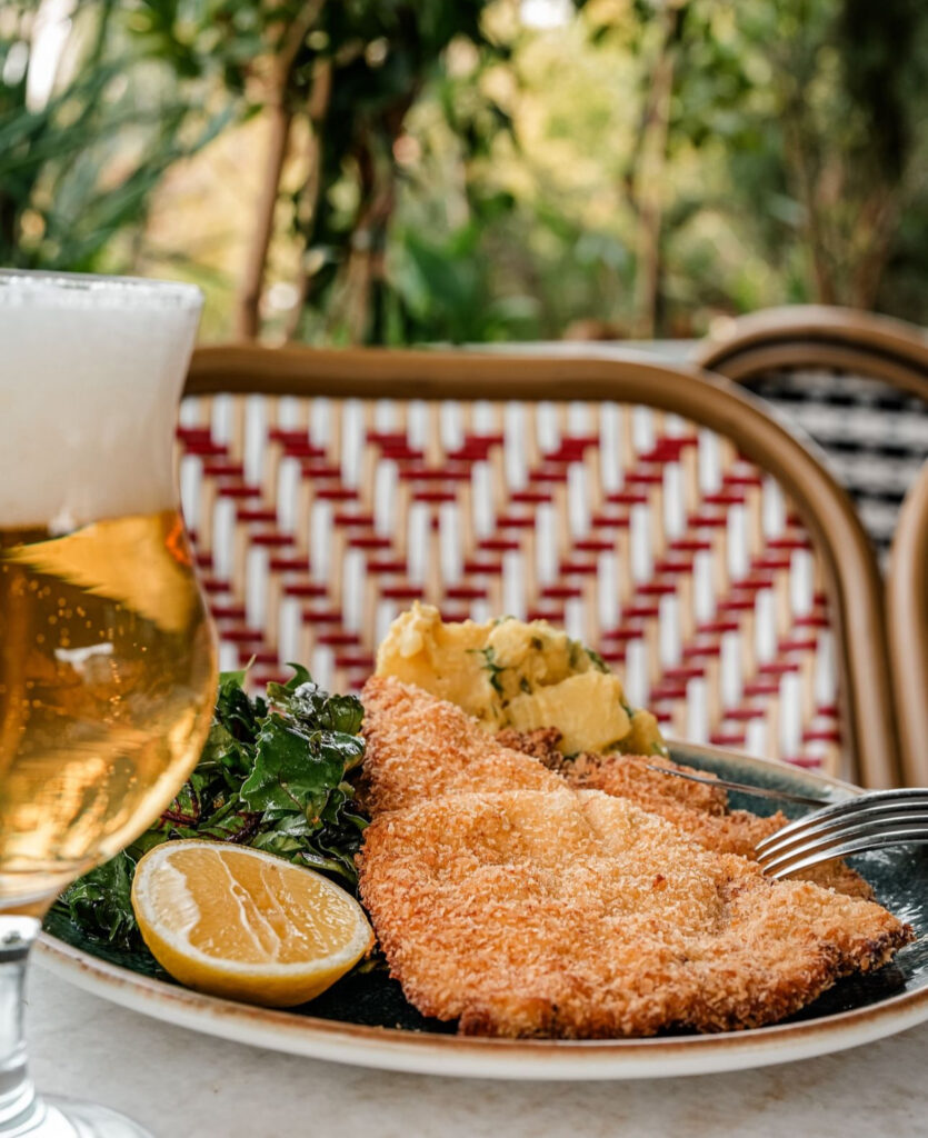Dış mekanda bira, şnitzel, patates püresi ve salata sunumu