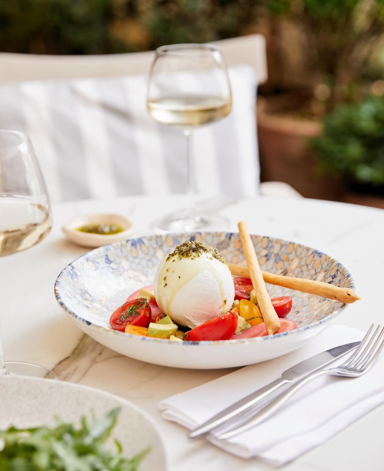 Beyaz şarap eşliğinde burrata peyniri, domates salatası ve grissini tabağı