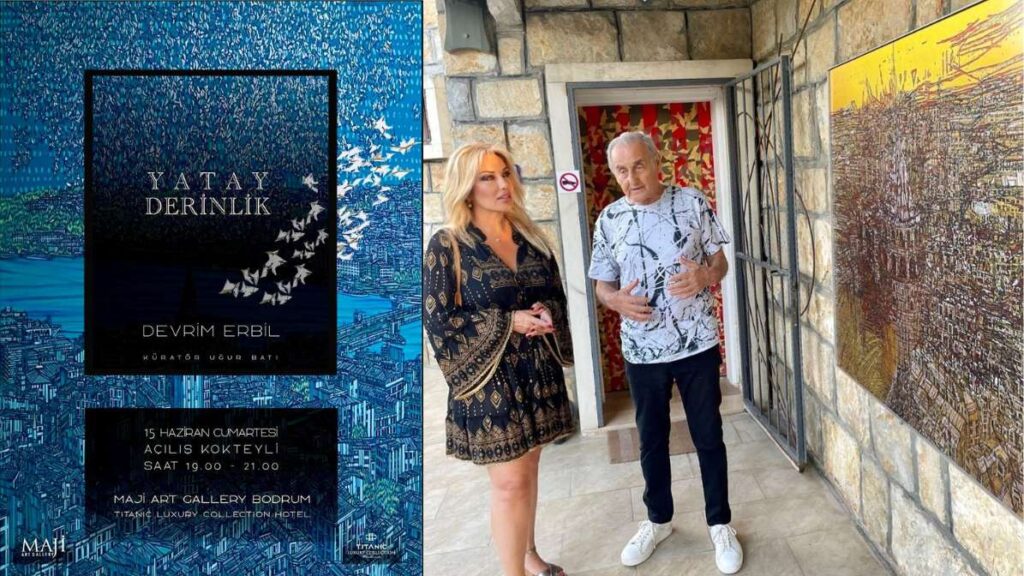Devrim Erbil sergi afişi ve galeri önünde duran iki kişi