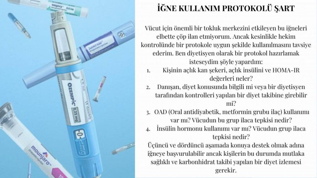 Diyabet ilaçları (Ozempic, Mounjaro) ve kullanım protokolü metni içeren görsel