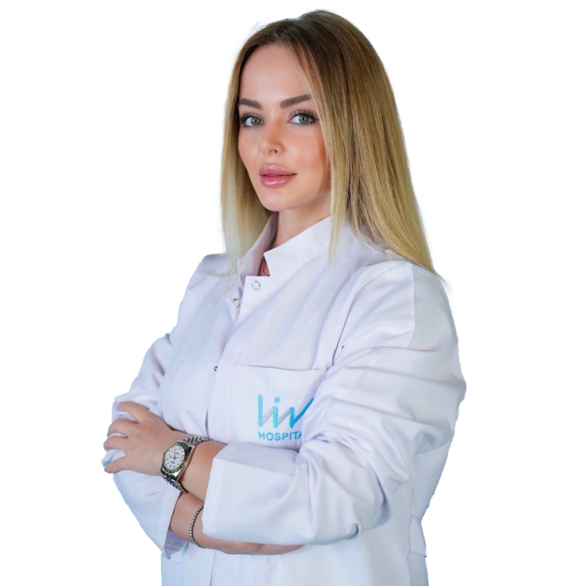 Liv Hospital logolu beyaz önlüklü sarı saçlı kadın tıp uzmanı