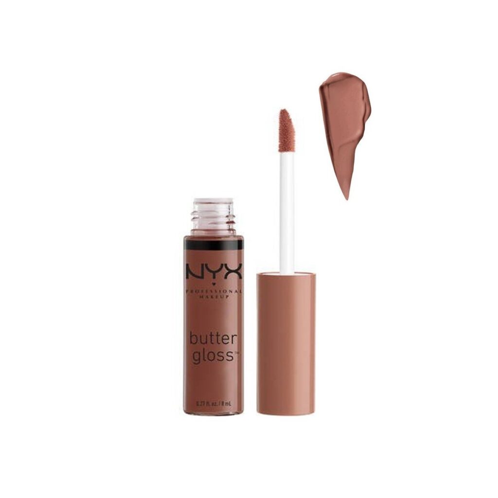 NYX Butter Gloss nude ton dudak parlatıcısı aplikatörü ve numunesi