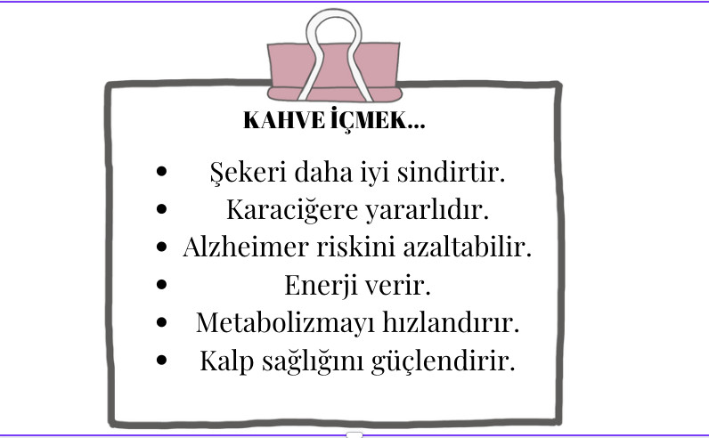 Kahve içmenin faydalarını açıklayan madde işaretli bilgilendirici görsel