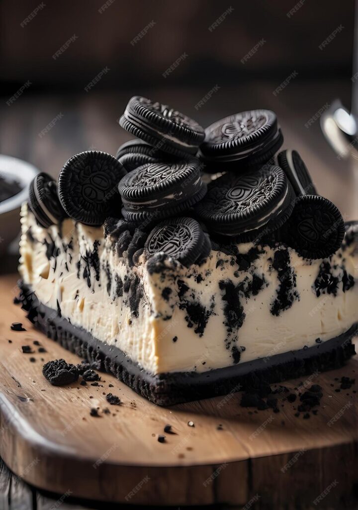 Ağız sulandıran Oreo kurabiyeli cheesecake dilimi ahşap sunum tahtasında