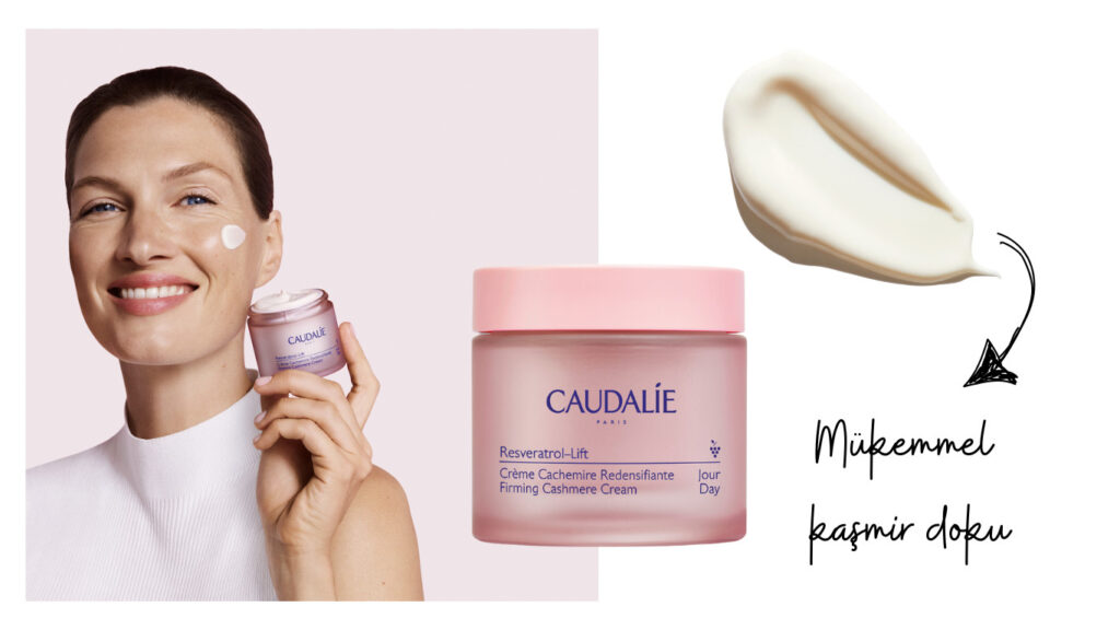 Caudalie Resveratrol-Lift kremi ile gülümseyen kadın ve kaşmir dokusu