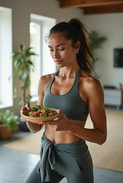 Spor kıyafetli kadın, sağlıklı bir salata kasesi tutuyor