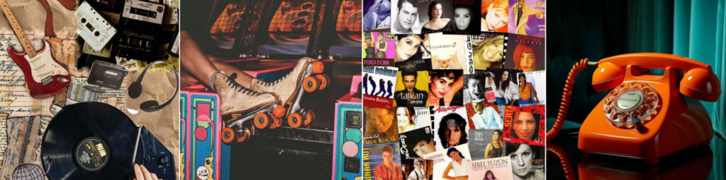 Retro müzik aletleri paten eski telefon ve albüm kapakları kolajı