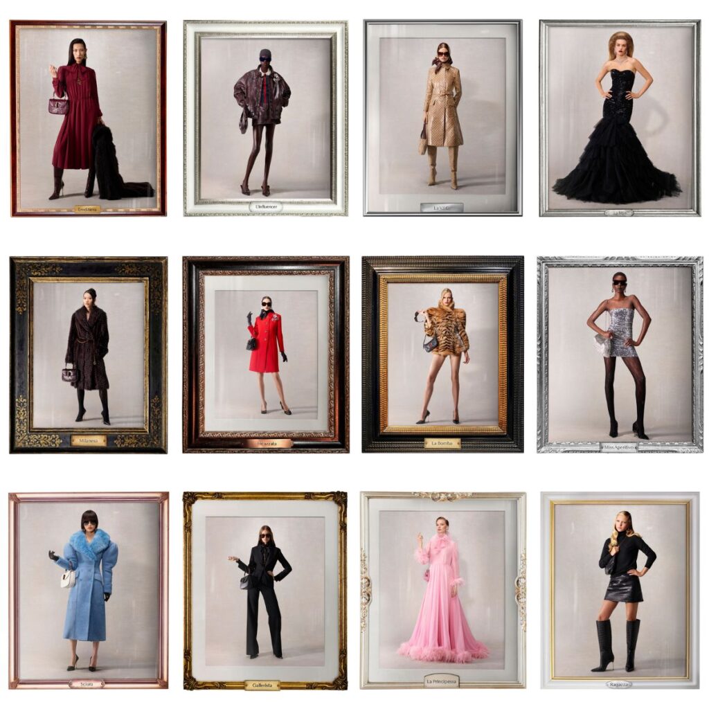 Farklı moda kıyafetleri sergileyen çerçeveli on iki model fotoğrafı