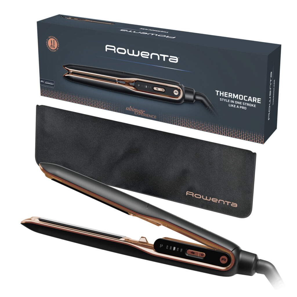 Siyah rose gold Rowenta saç düzleştirici kutusu ve taşıma çantası