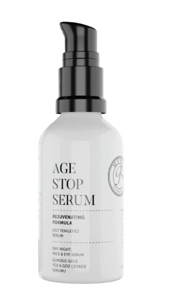 Beyaz şişede Age Stop Serum, yenileyici yüz ve göz çevresi serumu